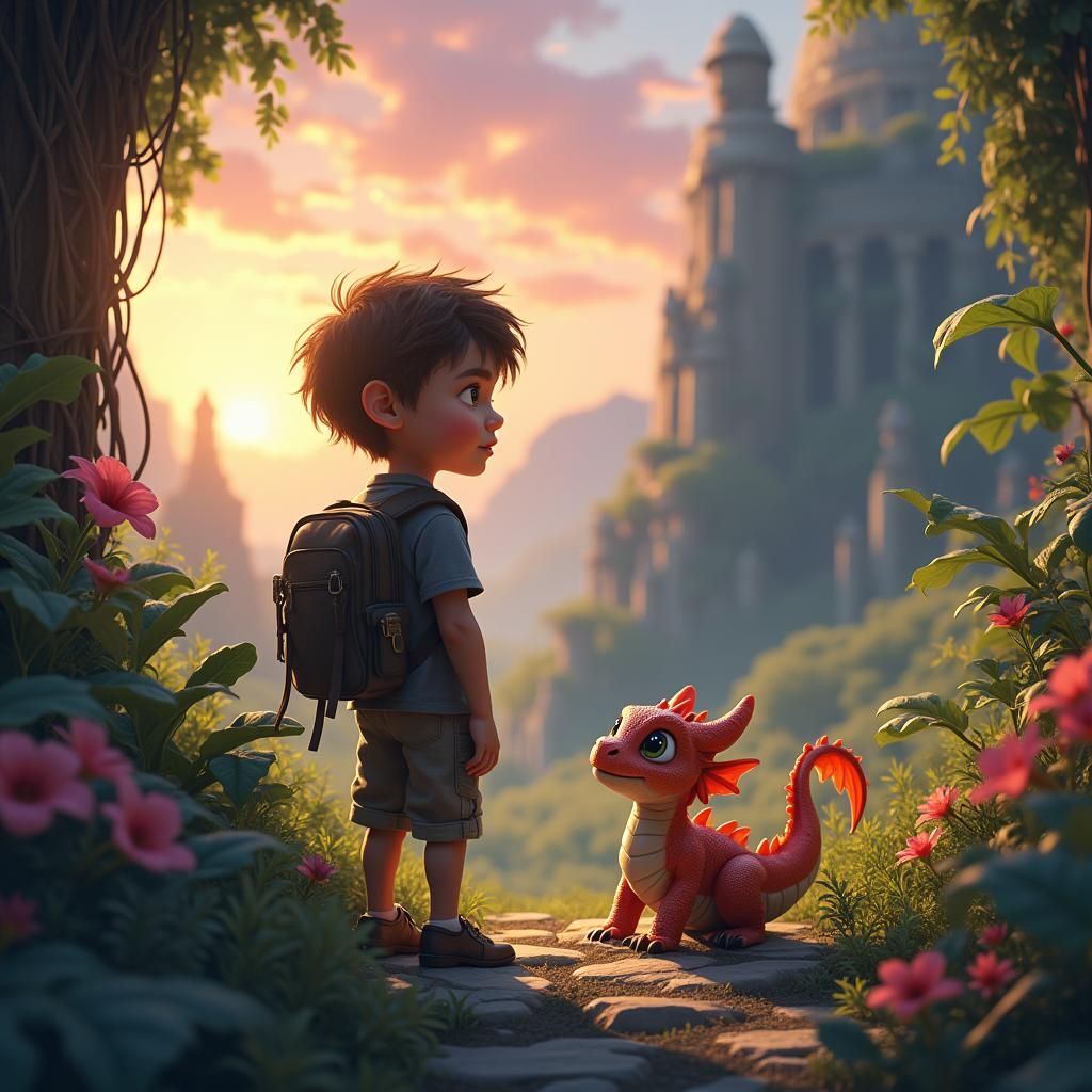 Boy and Dragon Explore Enchanted Fantasy Land
