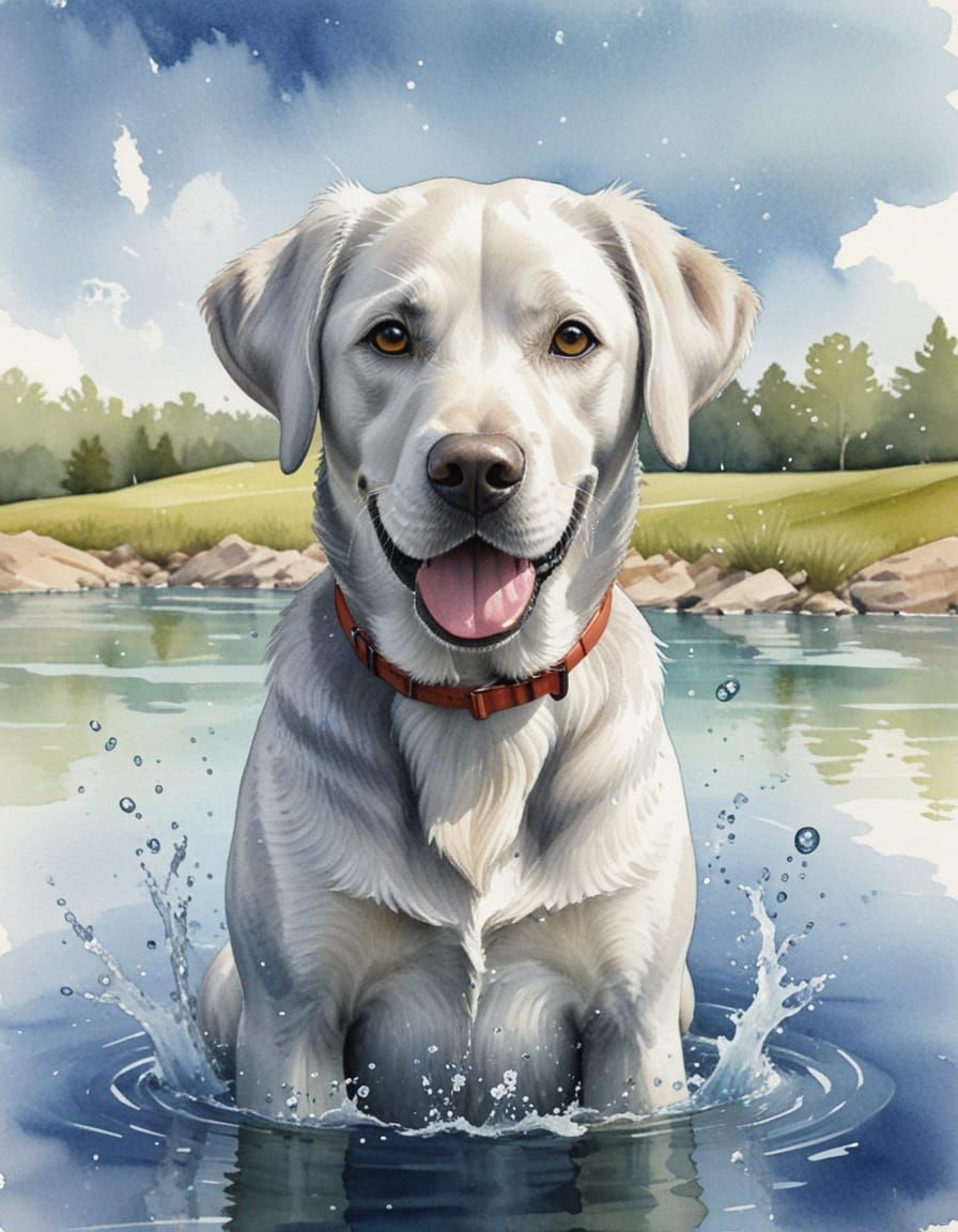 Whimsical Silver Labrador Dog Watercolor Illustration