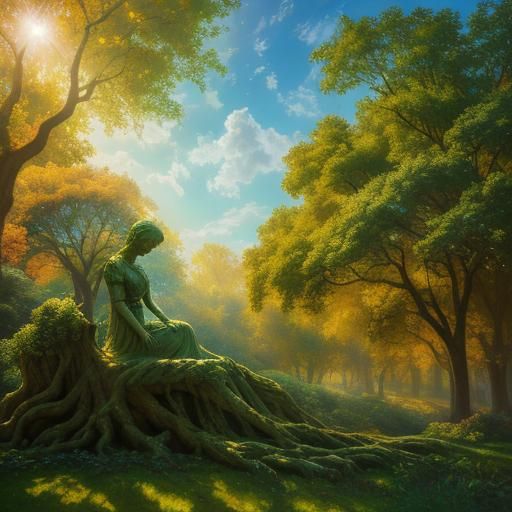 Dryad Statue in Oak Tree, Neo-Impressionist Style