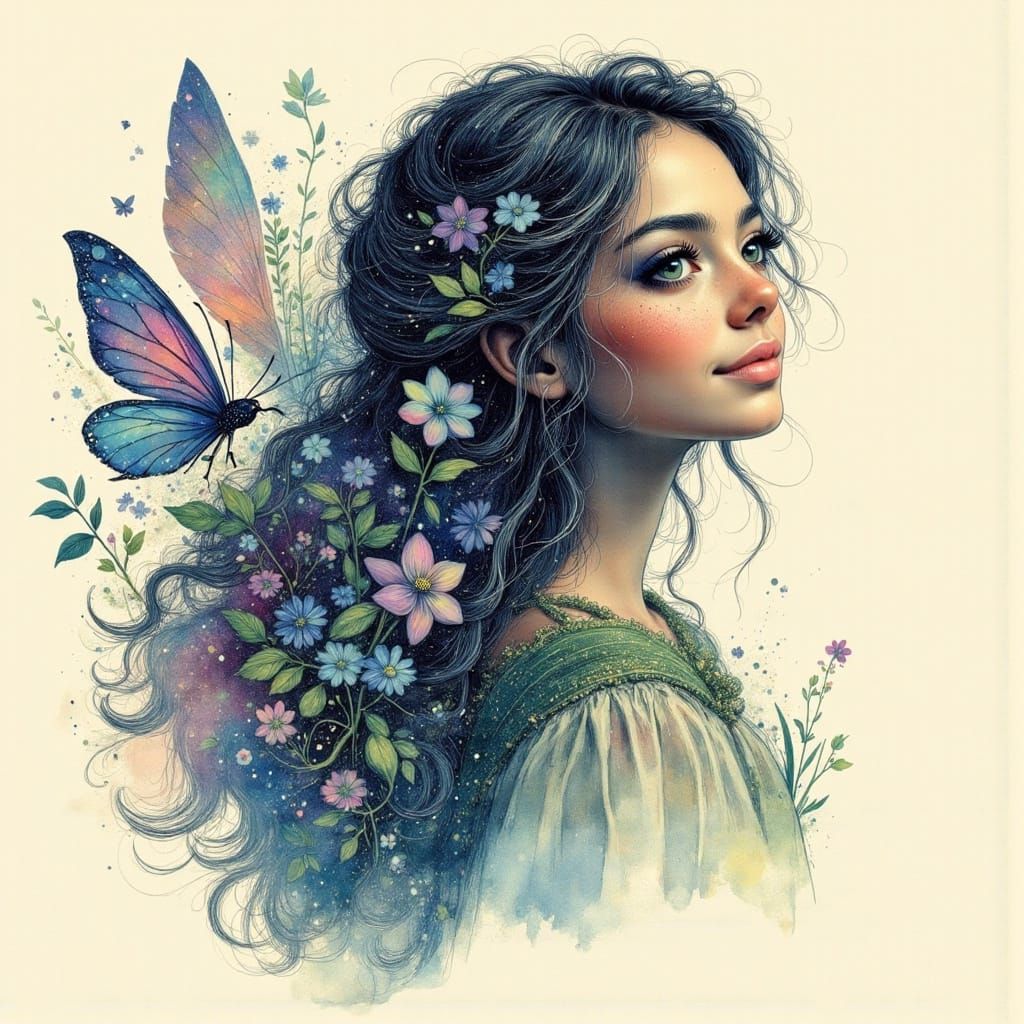 Surreal Fairy in Whimsical Woodland with Tangled Hair