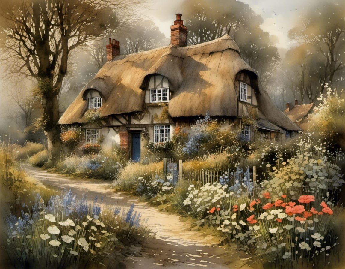 Idyllic Thatched-Roof House with Spring Garden
