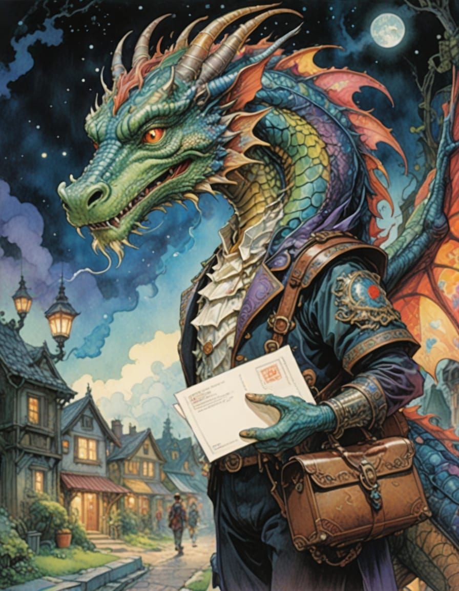 Dragon Postwoman Delivers Mail in Enchanted Suburb Watercolo...