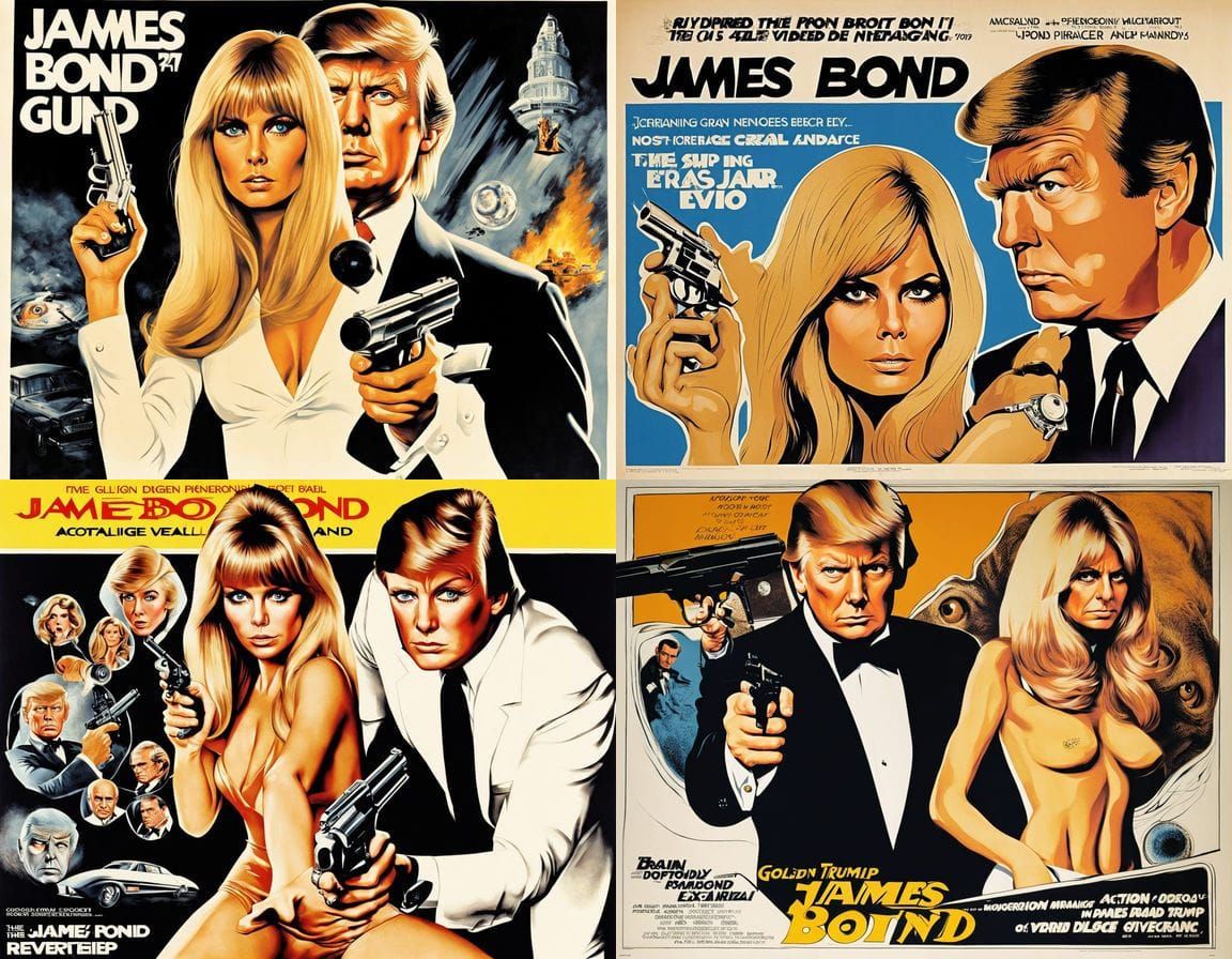Surreal 1970s Bond Poster with Trump-Ekland Hybrid