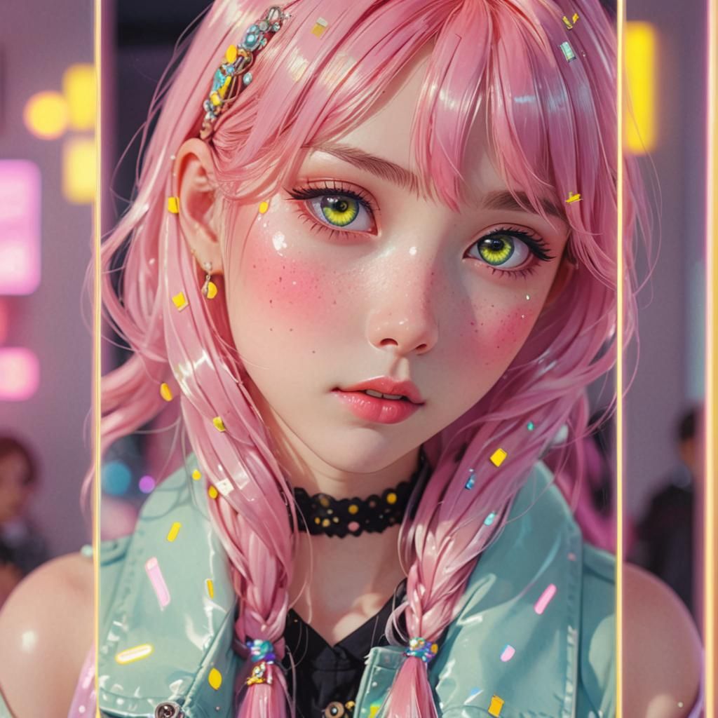 Pastel Anime Girl Portrait with Neon Reflections