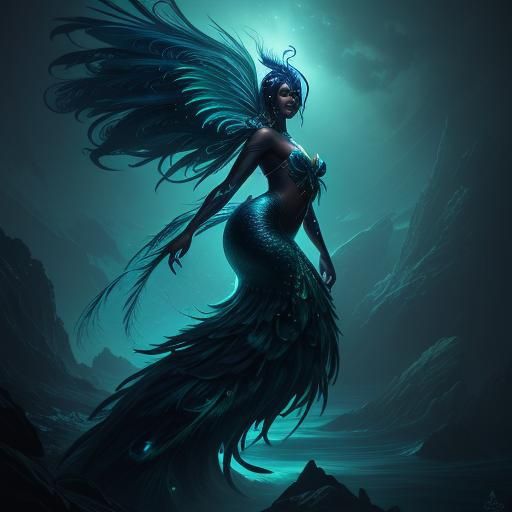 Peacock Mermaid in Mystical Ocean: Digital Art