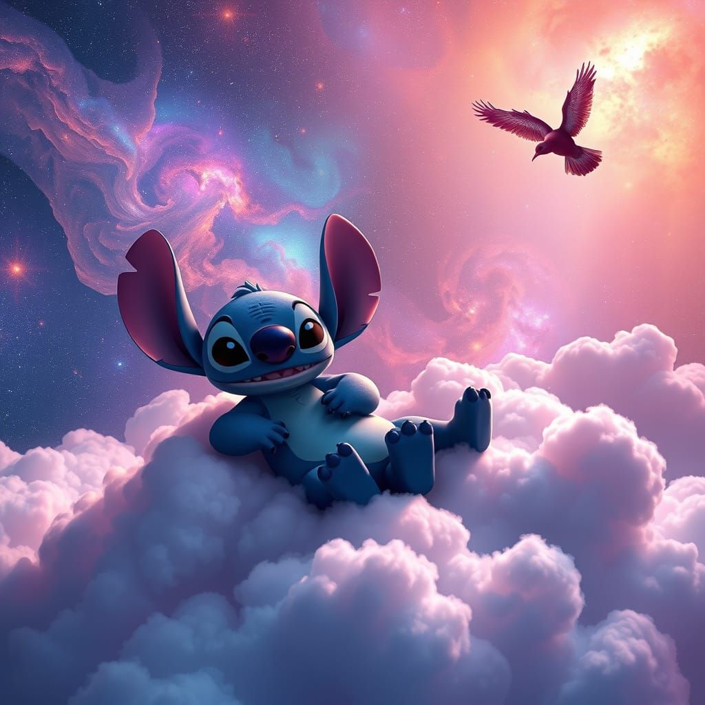 Stitch and Sulley in Dreamlike Cloudscape with Galaxy Backgr...
