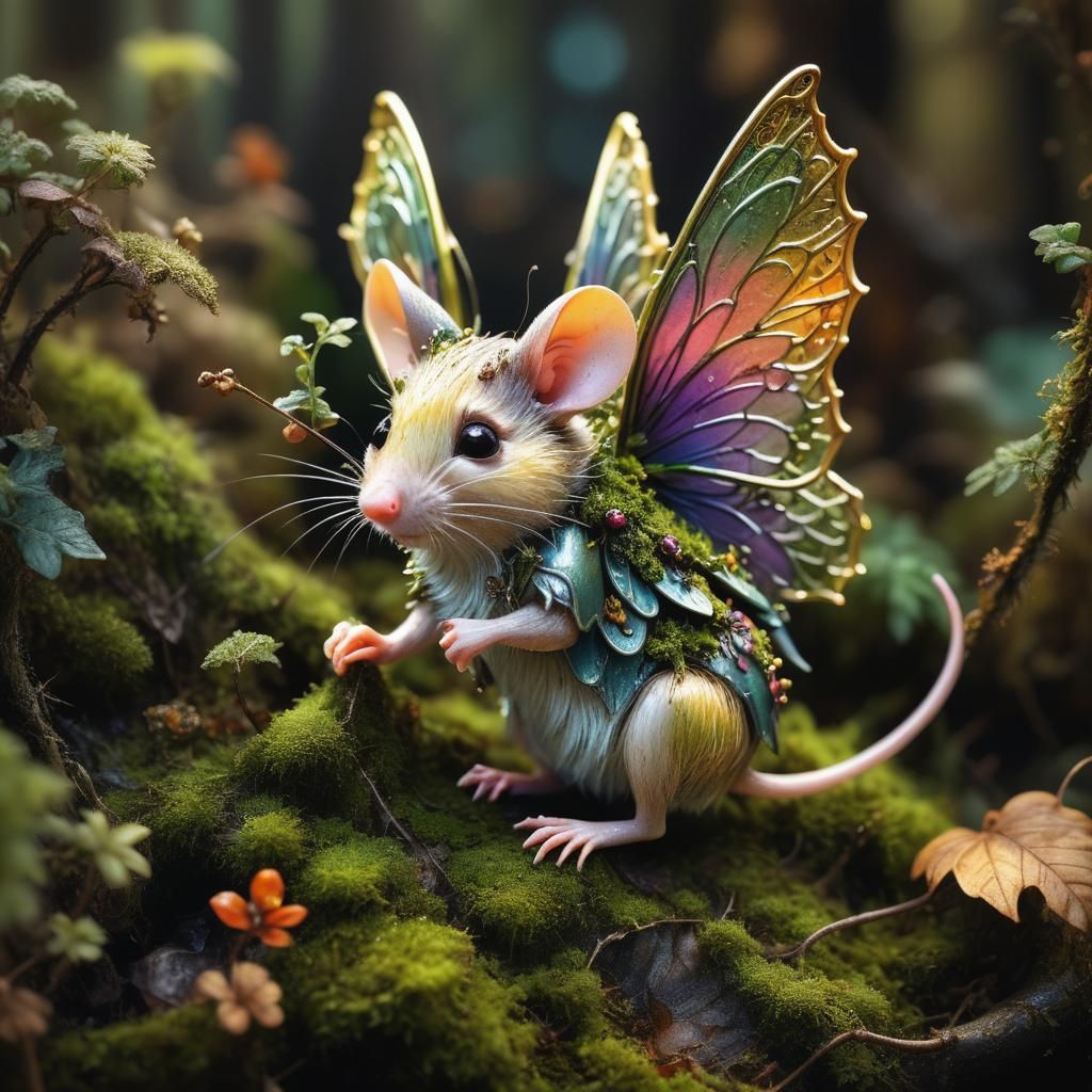 Fantasy Forest Fairy Mouse with Metallic Wings