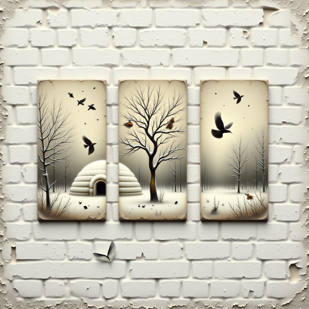 Whispery Triptych on Weathered Brick Wall