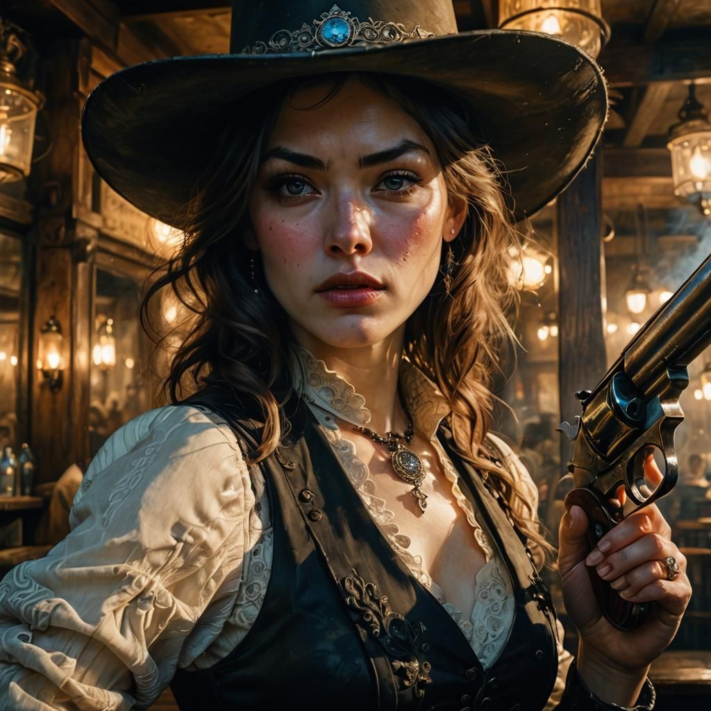Cowgirl Stares Down Shotgun Barrel in Antique Saloon