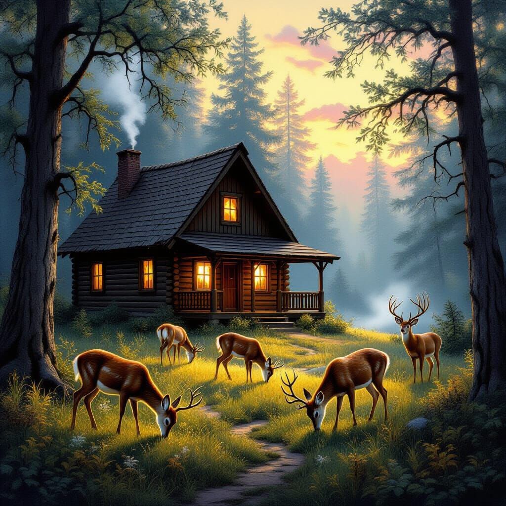 Enchanted Forest Cabin at Twilight with Luminous Deer