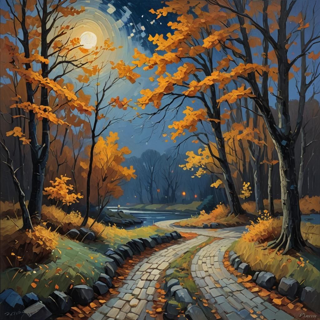Impressionist Autumn River Landscape in Moonlight