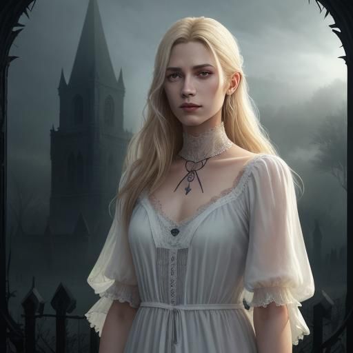 Vampire in Graveyard with Girl: Dark Fantasy Art