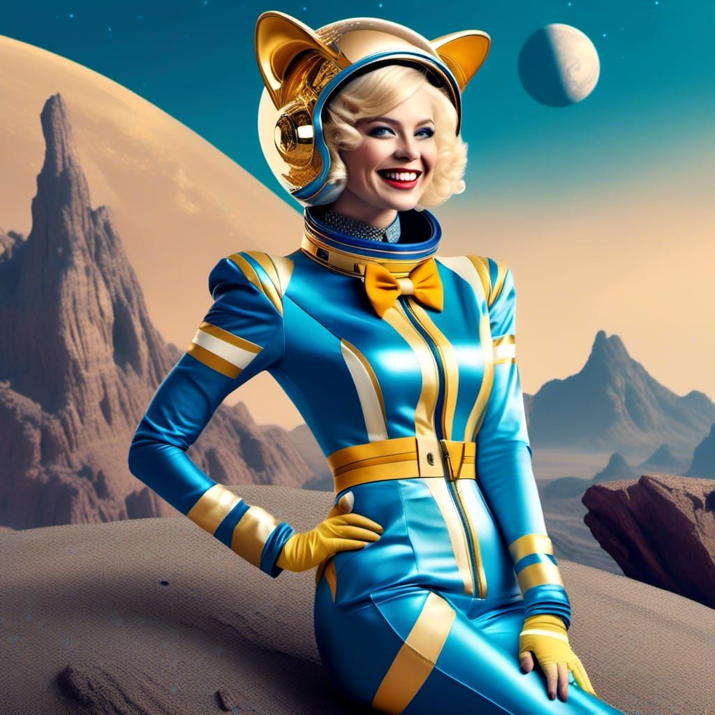 Retro-Futuristic Space Attendant on Moon with Alien Cat