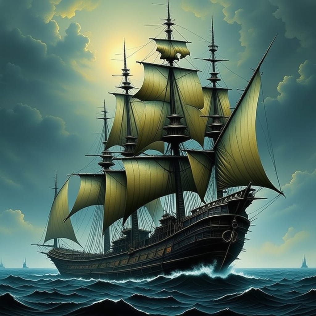 Majestic Ship Navigating Treacherous Stormy Waters