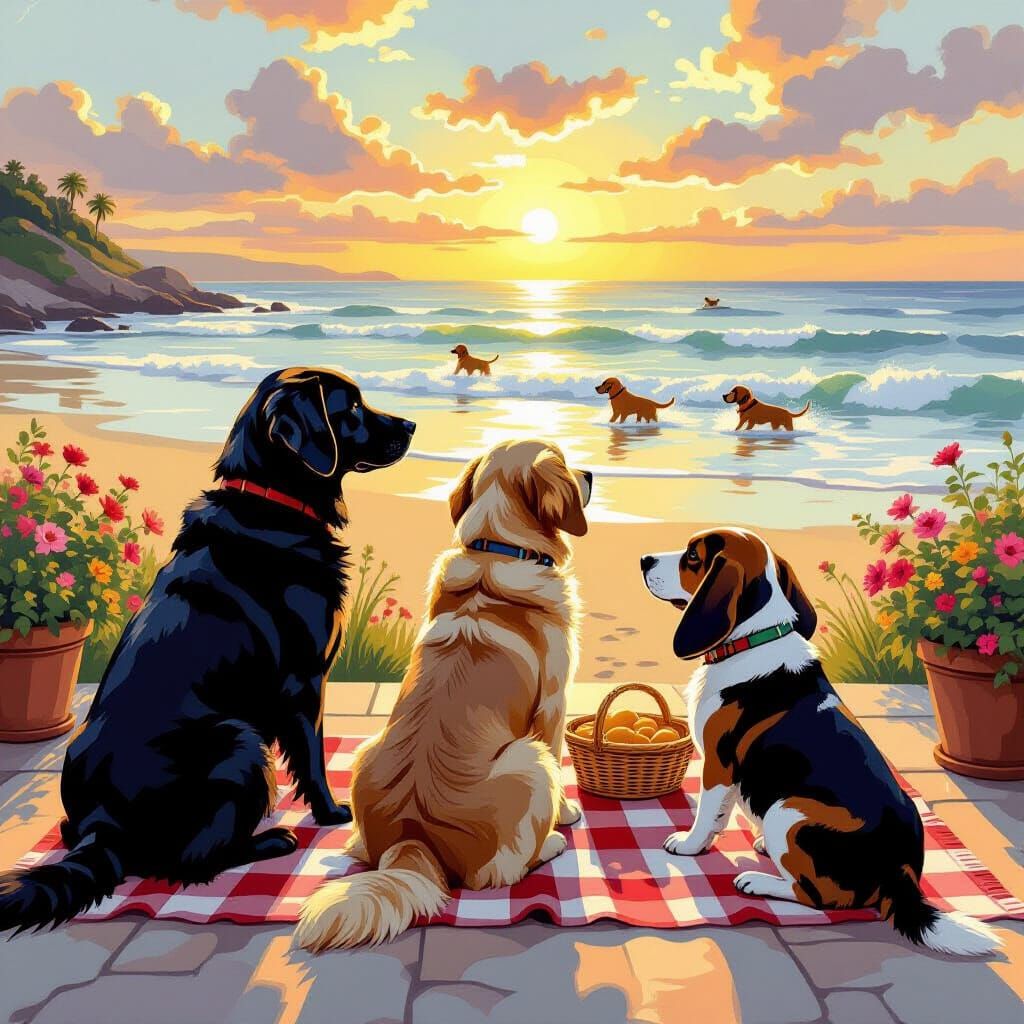 Labrador Retriever and Friends Enjoy Beach Picnic