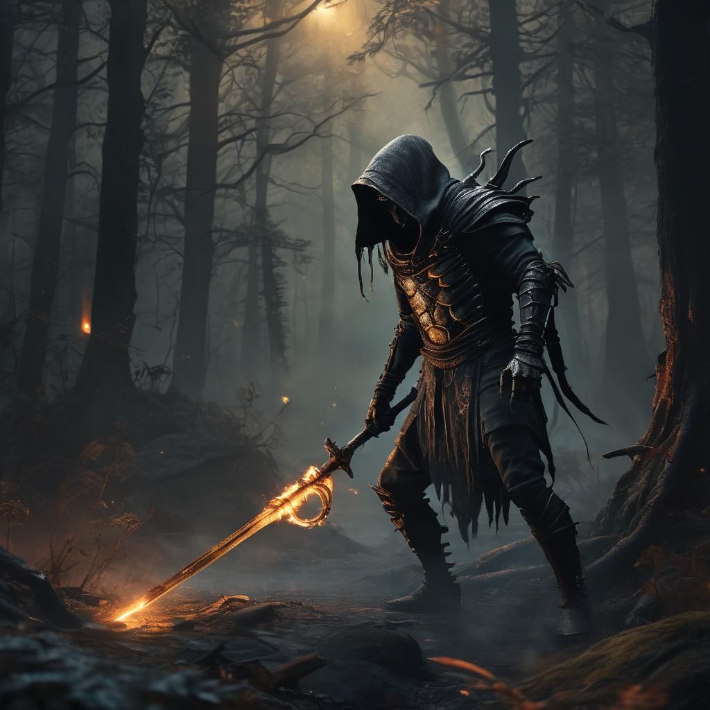 Scorpion Confronts Shadowy Figure in Misty Forest