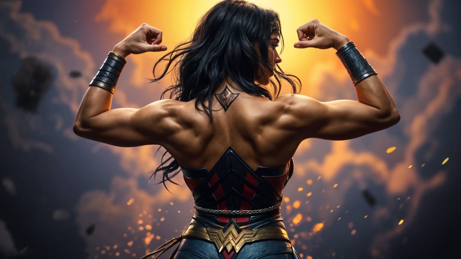 Wonder Woman Flexing Muscular Back in Dark Fantasy Art