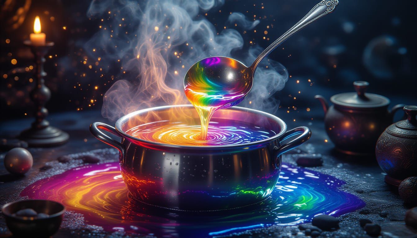 Bubbling Rainbow Cauldron Stirred by Magical Ladle
