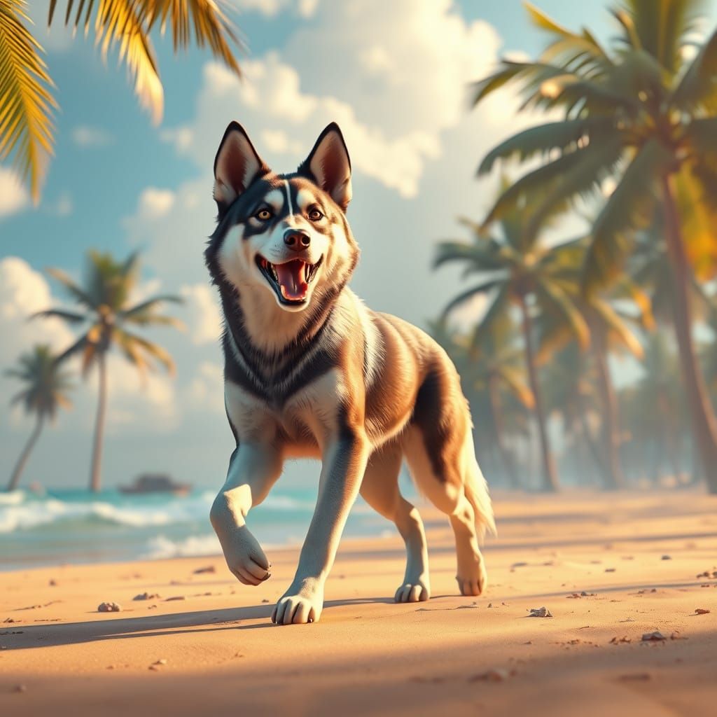 Husky in Sombrero on Tropical Beach, Matte Painting