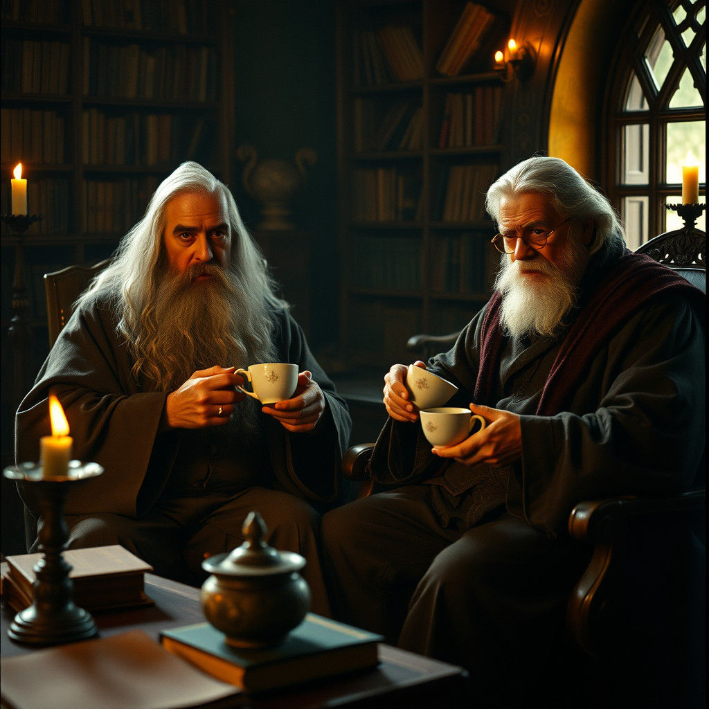 Wizards Share Tea in Dimly Lit Study