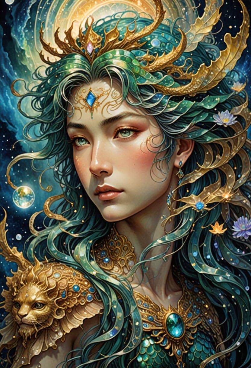 Cosmic Merman Portrait Painting with Golden Lineart