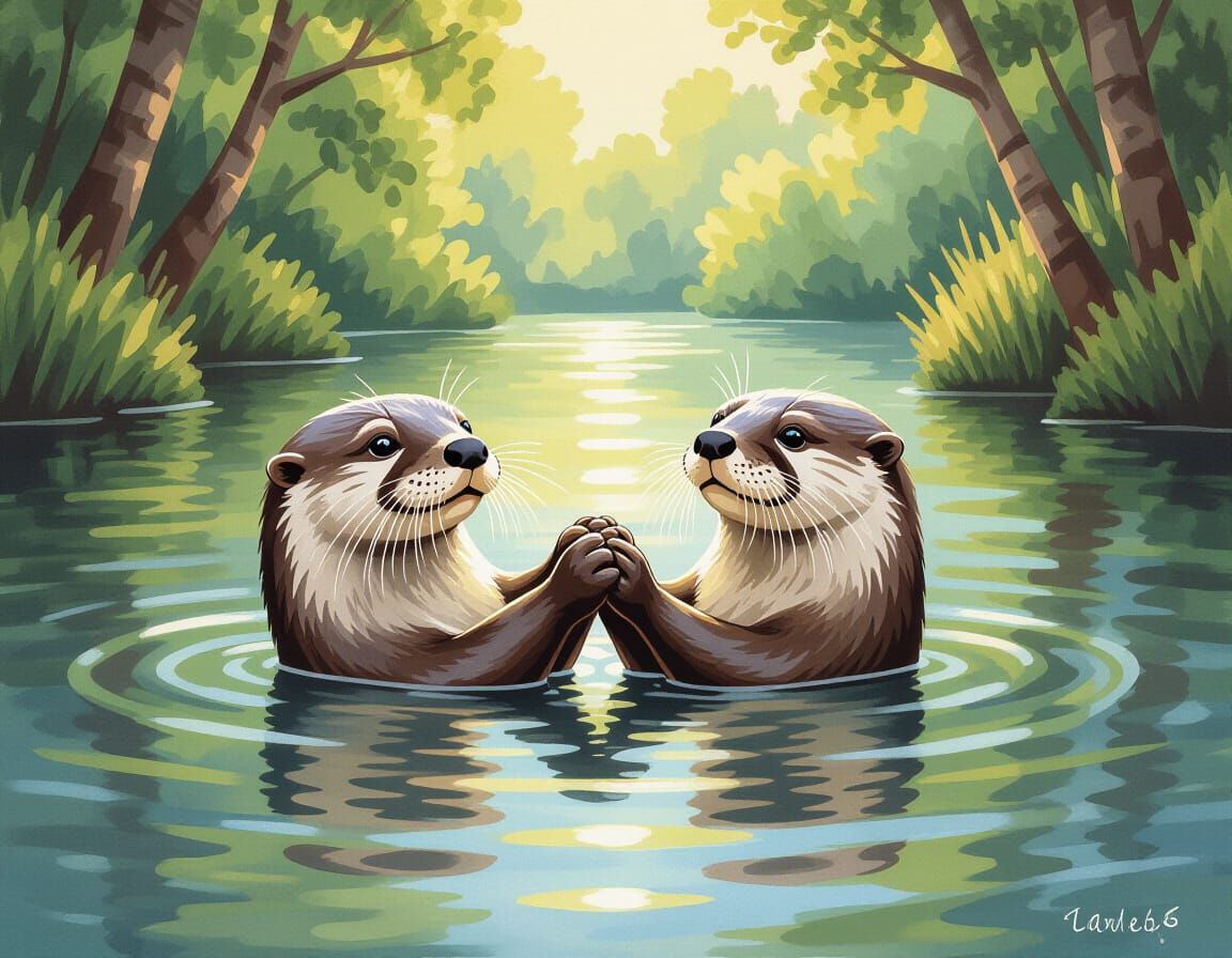 Whimsical Otters Floating in Sunny River