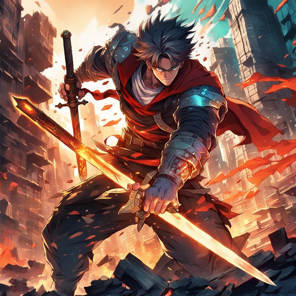 Fantasy Hero in Destroyed City: Manga Illustration