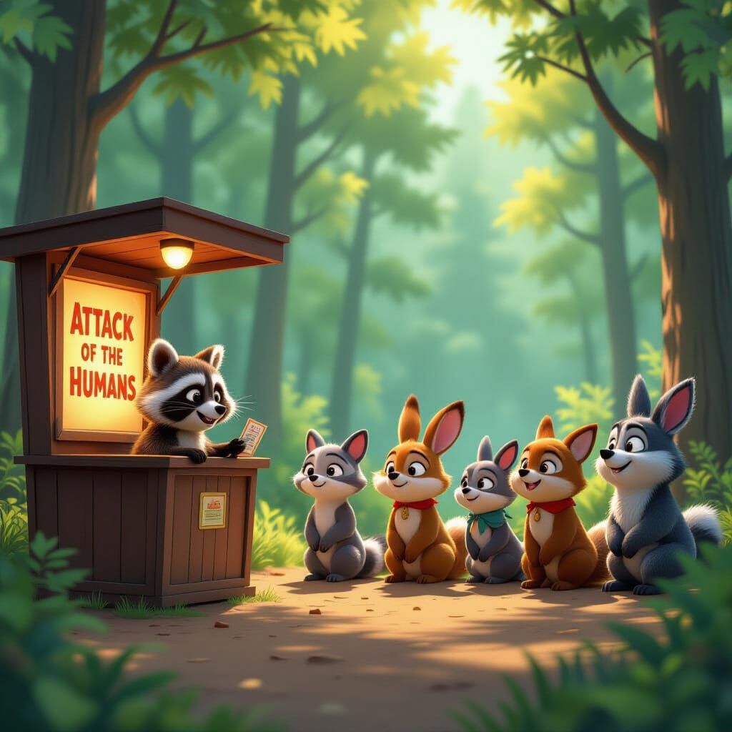 Raccoon Ticket Collector in Enchanted Forest Cinema