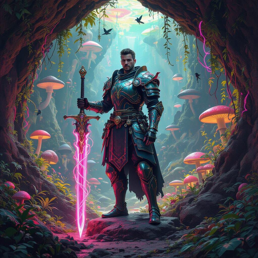 Futuristic Knight Entangled in Neon Vines in Alien Forest Ca...