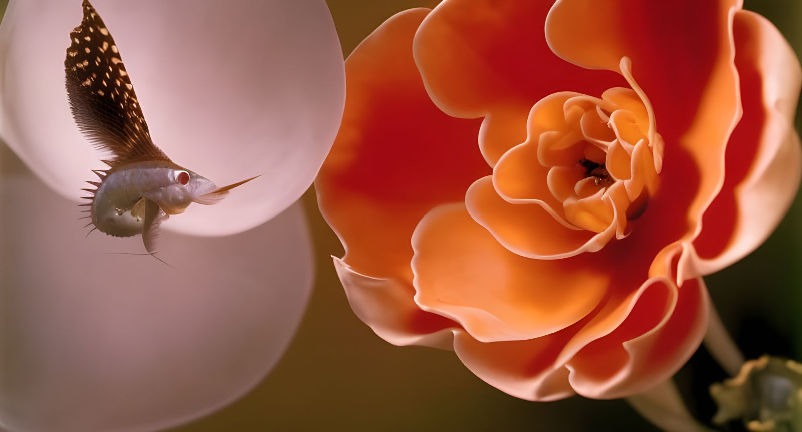 Winged Fish Approaching a Blossom in Surreal Style
