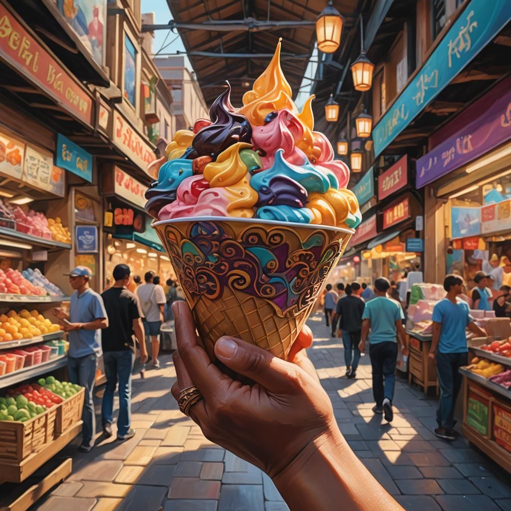 Bustling Market Aisle with Frozen Yogurt, Digital Painting
