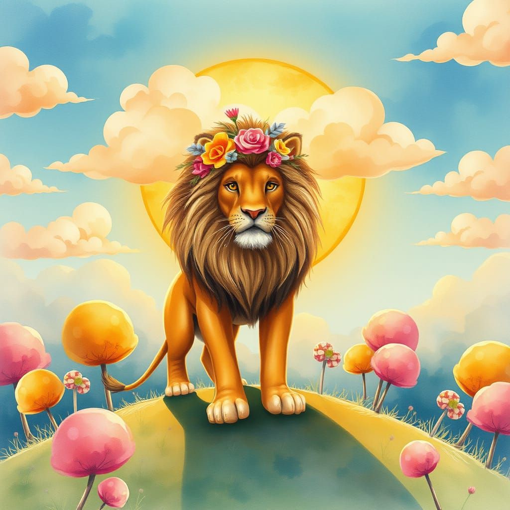 Lion with Wildflower Mane in Watercolor Style