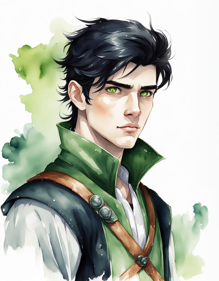 Young Hero with Black Hair in Watercolor Style