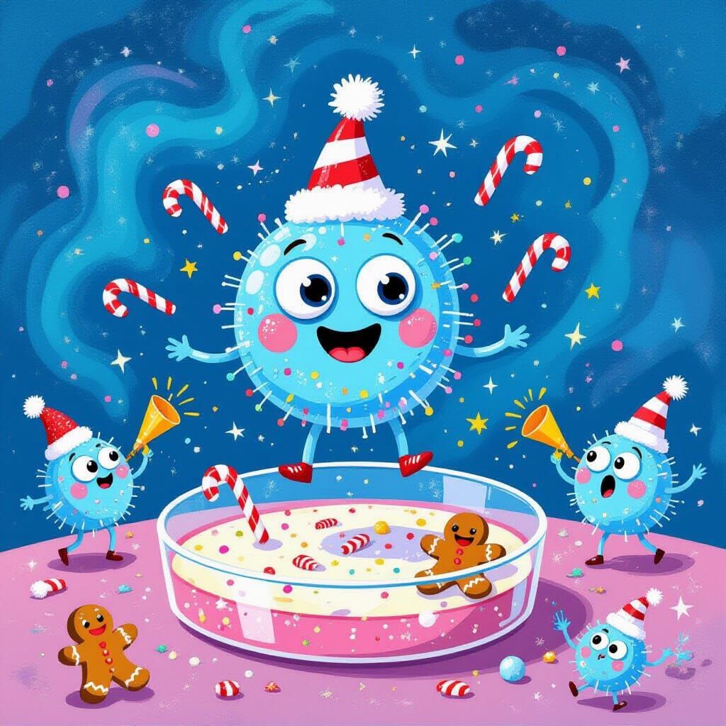 Happy Microbe Juggles Candy Canes in Petri Dish