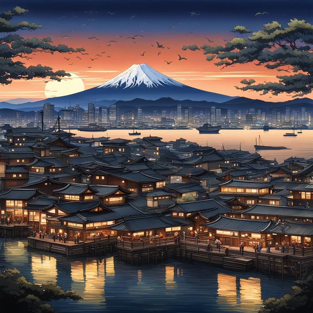 Mount Fuji Overlooks a Bustling Port City