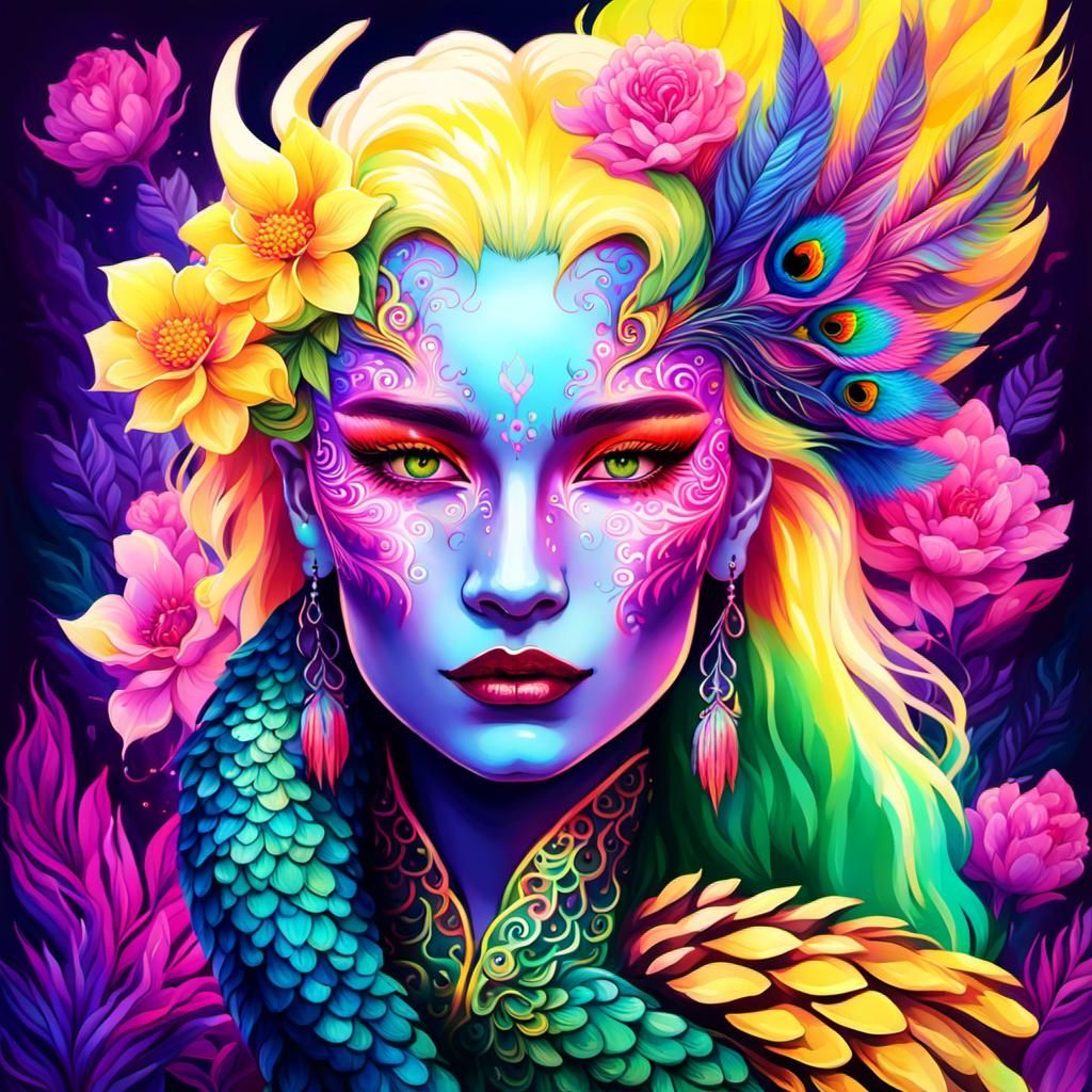 Synthwave Dragon Peacock Woman in Neon Retro Style
