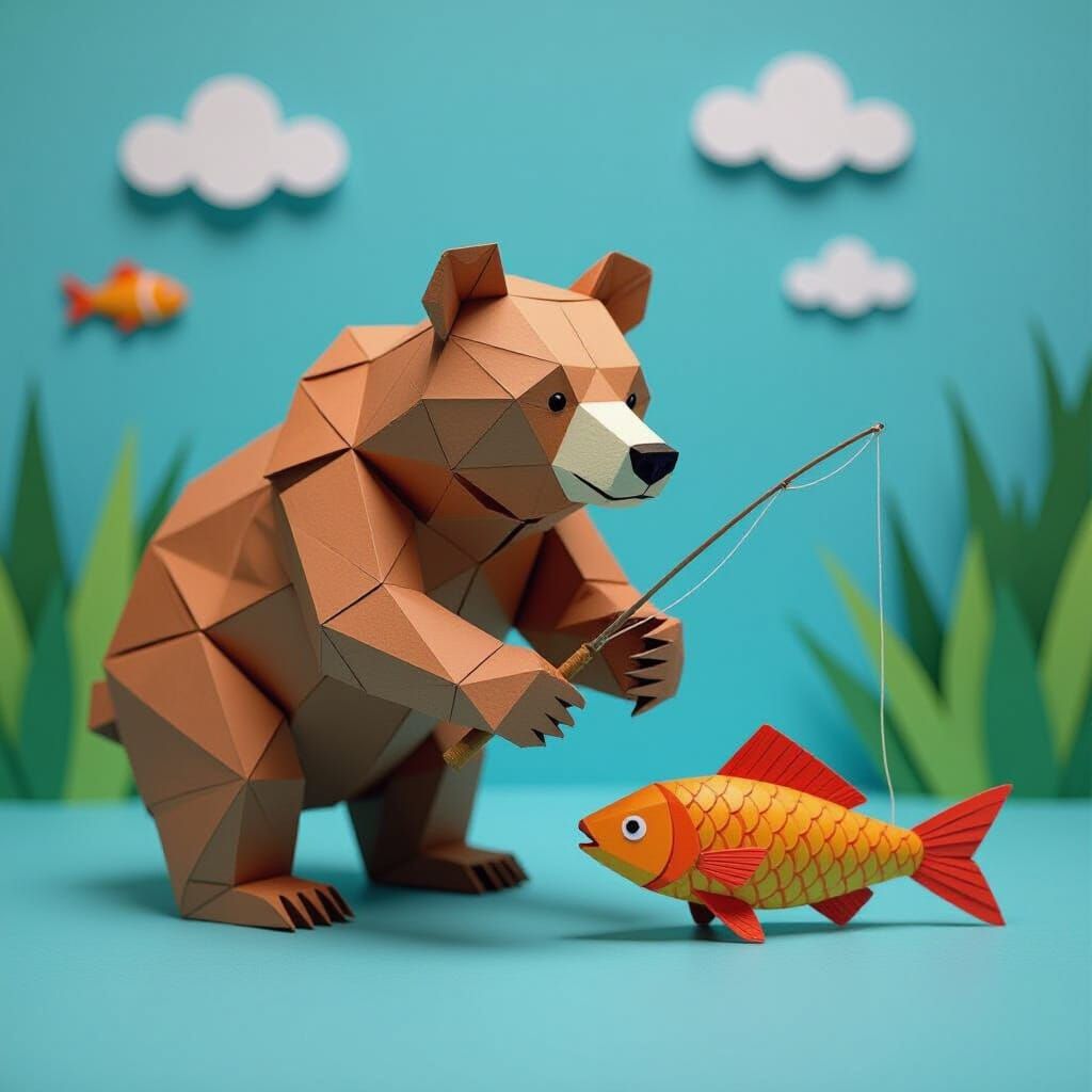 an intricate bear made entirely out of paper fishing for an intricate paper fish