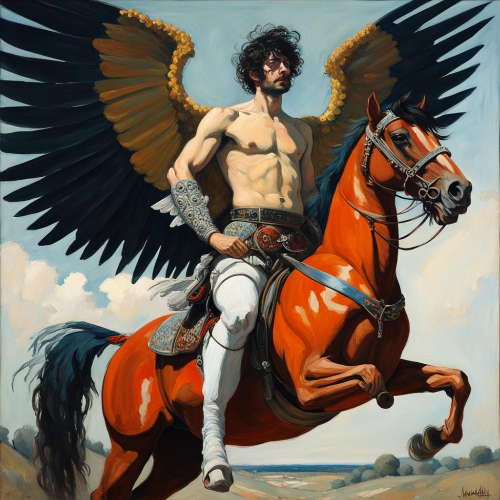 Winged Hussar on Horse in Pre-Raphaelite Style