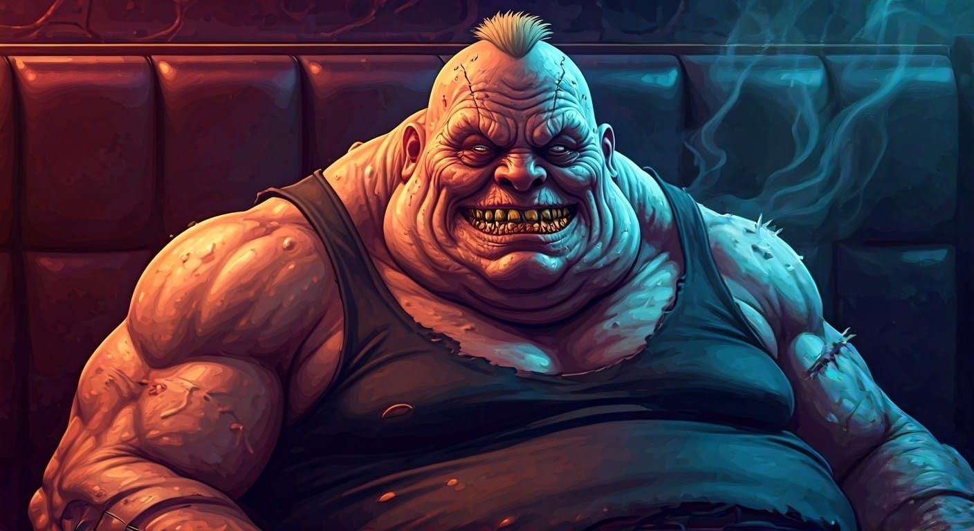 Cyberpunk Gangster in Tattered, Smoky Booth