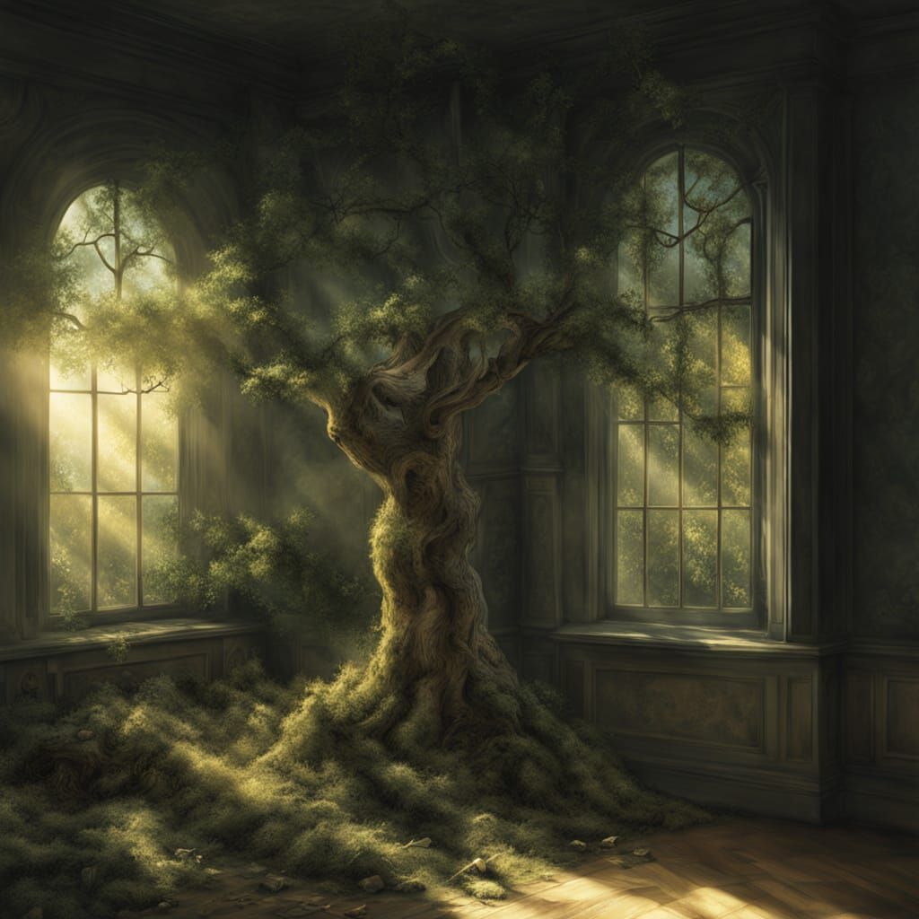 Enchanting Tree Grows Indoors in Fairytale Illustration