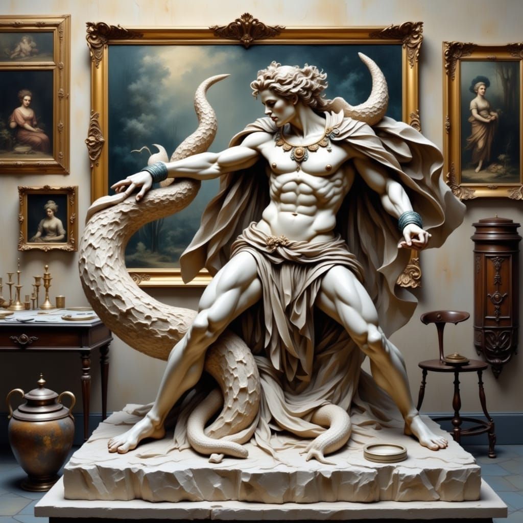 Hercules Sculpture in Antique Dutch Studio, Impasto Oil