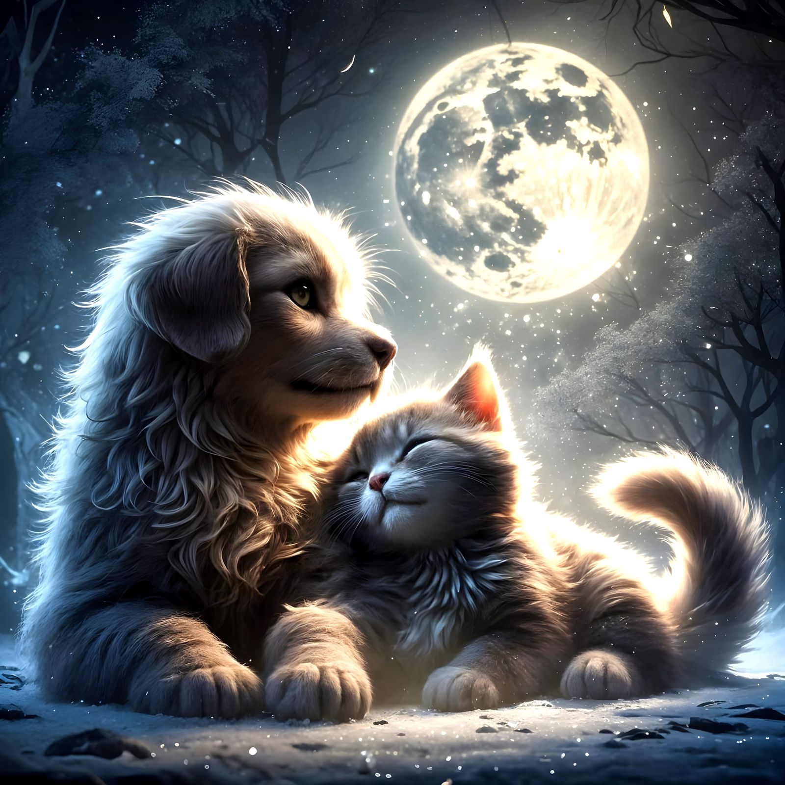 Whimsical Moonlit Fantasy of Kitten and Puppy Friendship