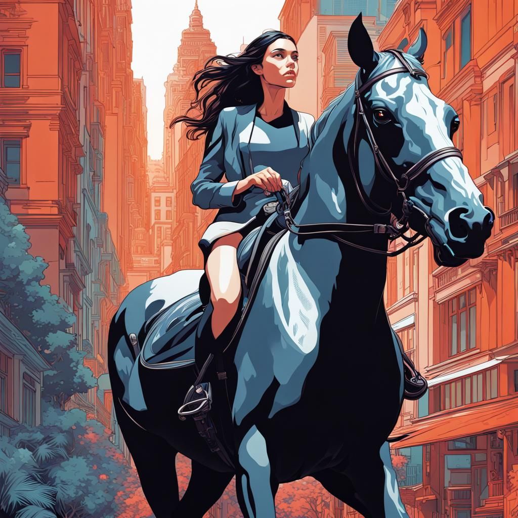 Woman on Horse in City, Abstract Illustration