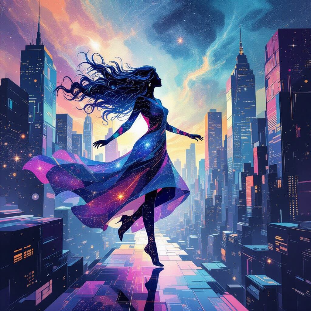 Cosmic Woman in Geometric Cityscape