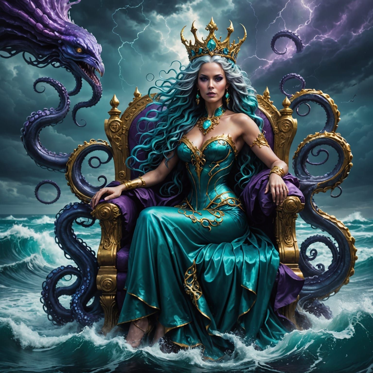 Siren Queen on Ocean Throne in Triadic Colors