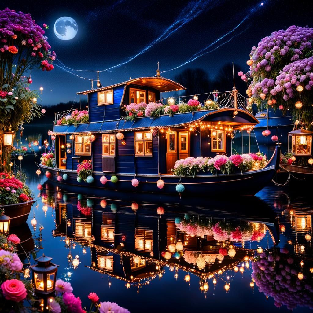 Vibrant Nighttime Houseboat Scene with Magical Lighting