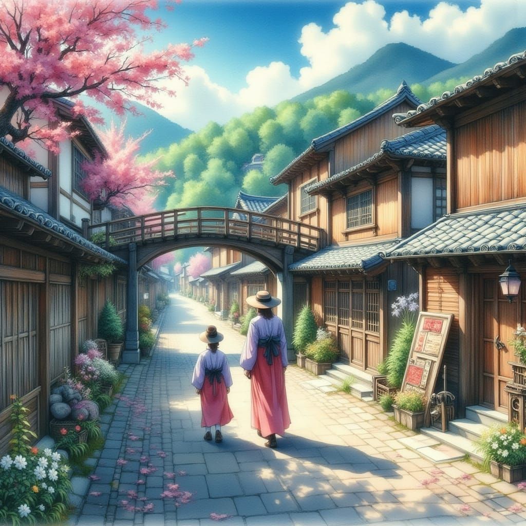 Japanese Townscape in Watercolor Style of Hokusai
