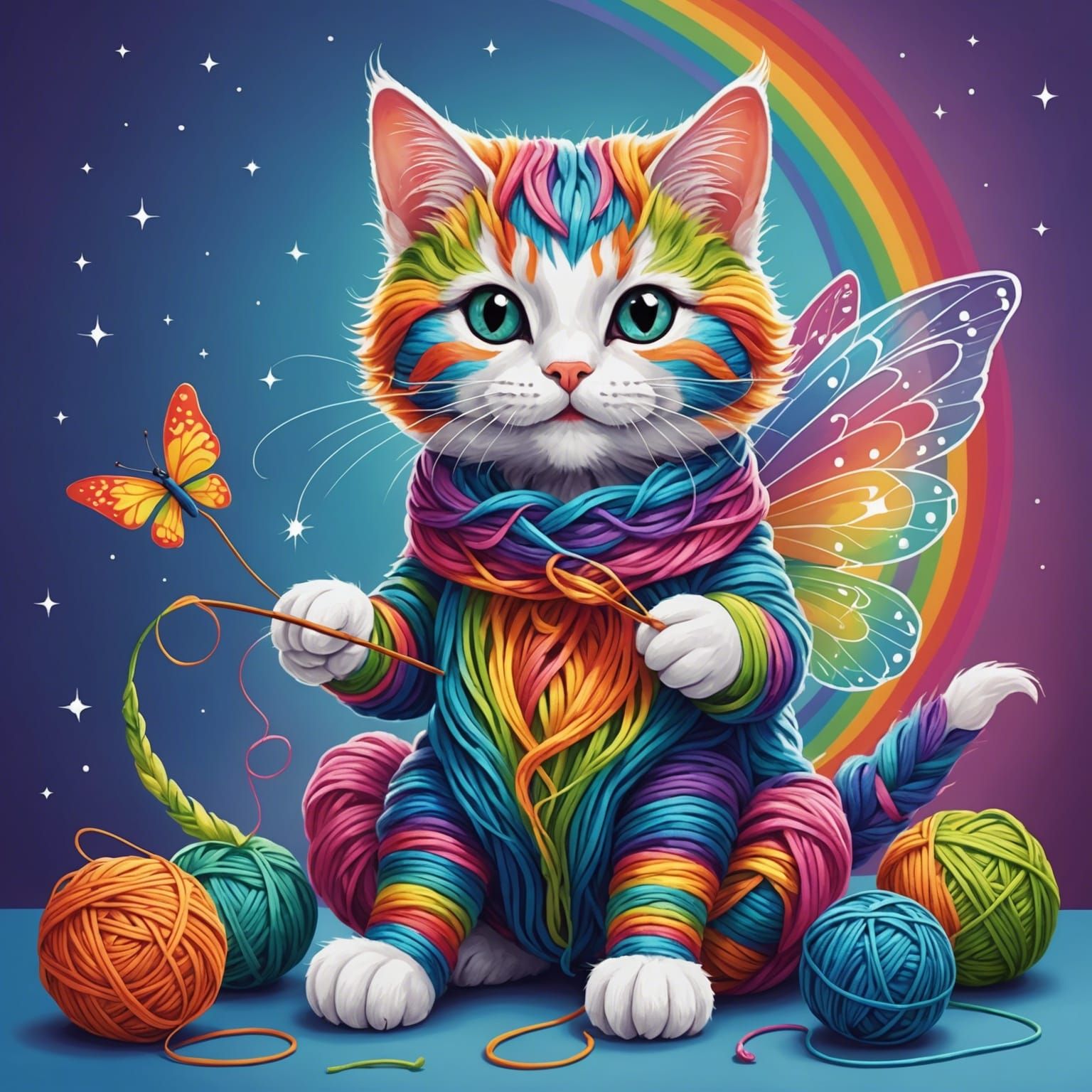 Fairy Cat Knitting Rainbow Yarn: Colourful Illustration