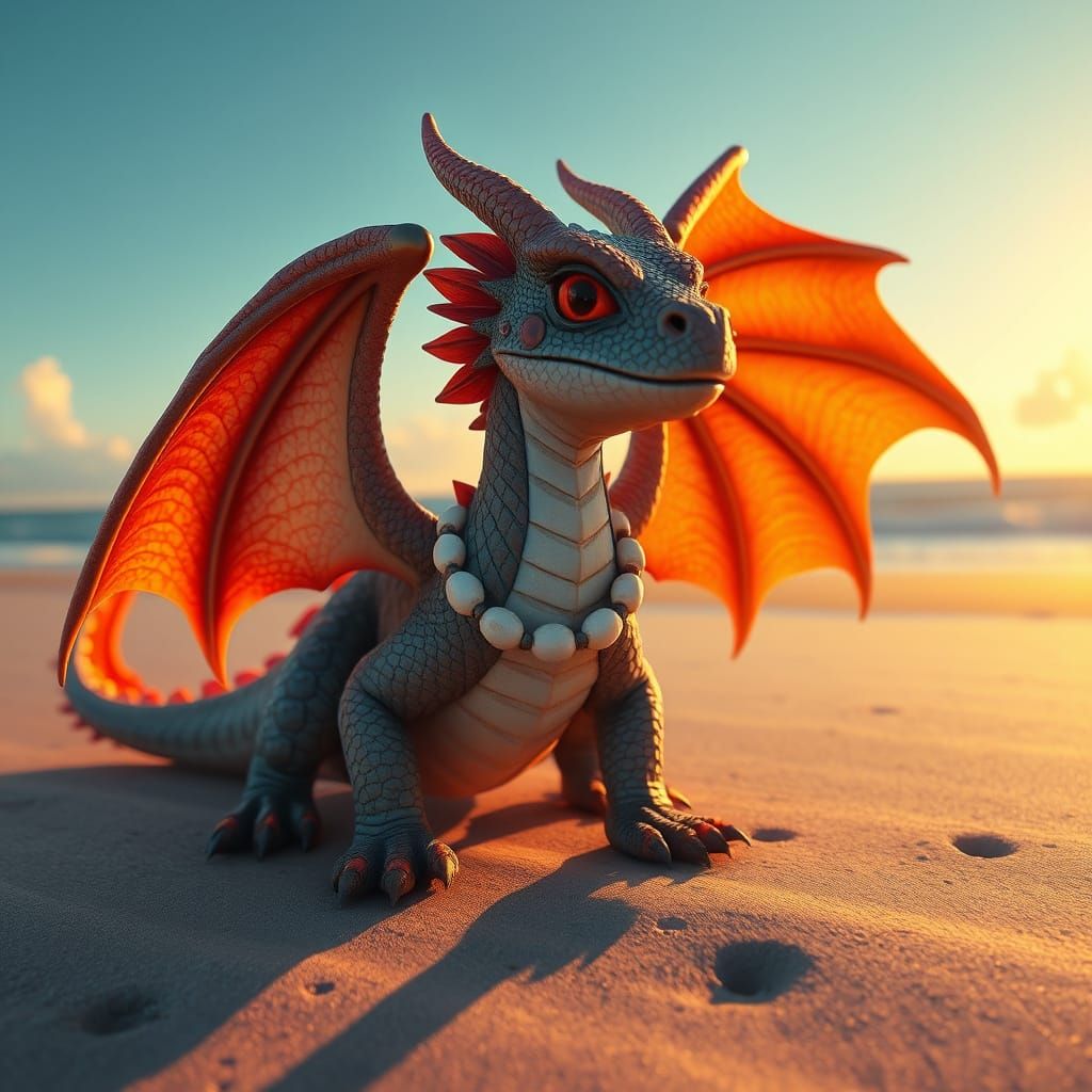 Fluffy Dragon's Beach Day in Hyperdetailed Style