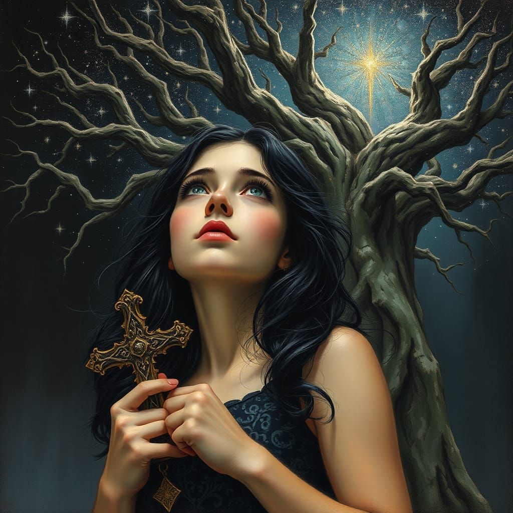 Mystical Woman with Cross Before Ancient Tree